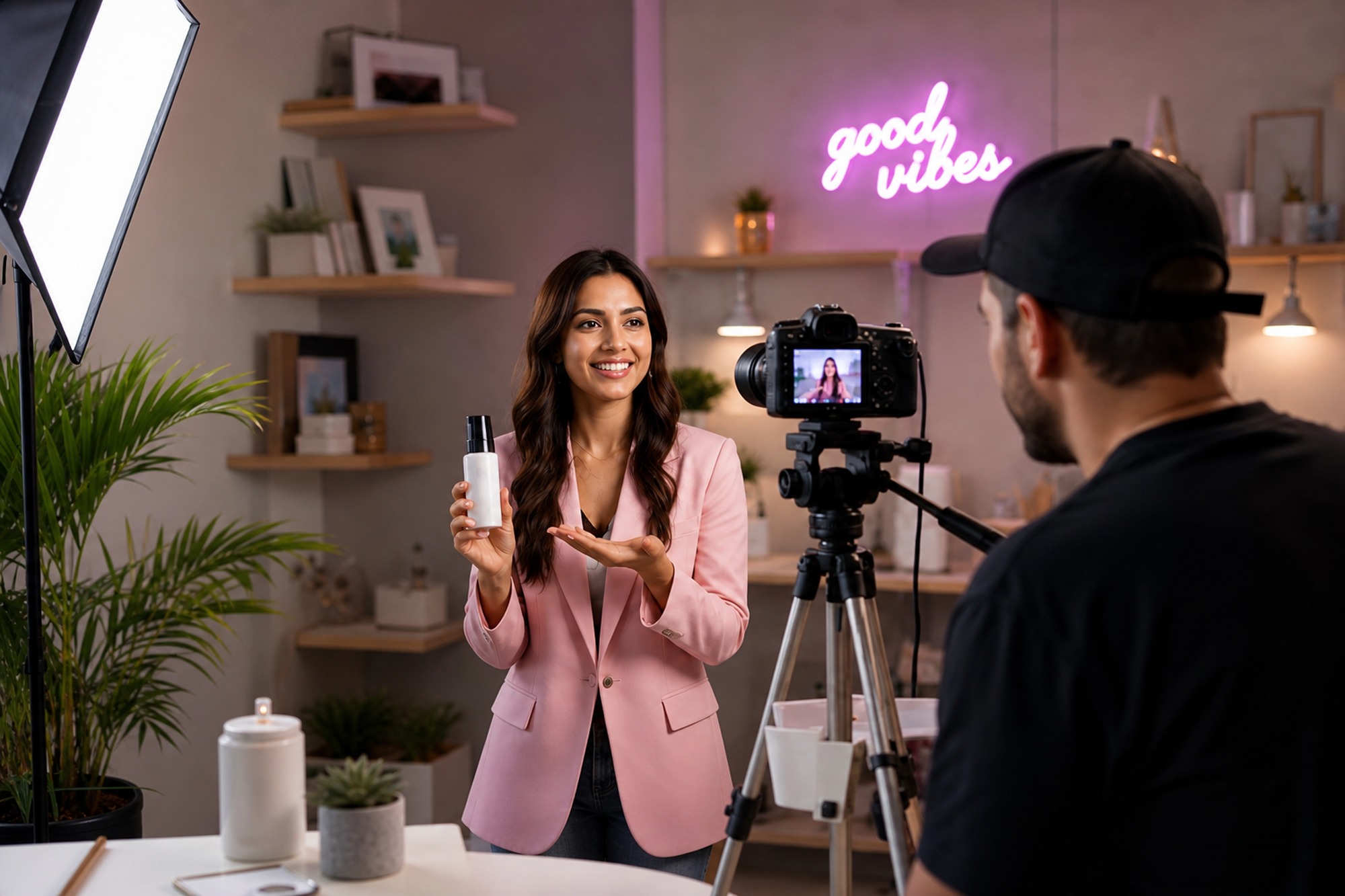 Creator filming a product on a brand set
